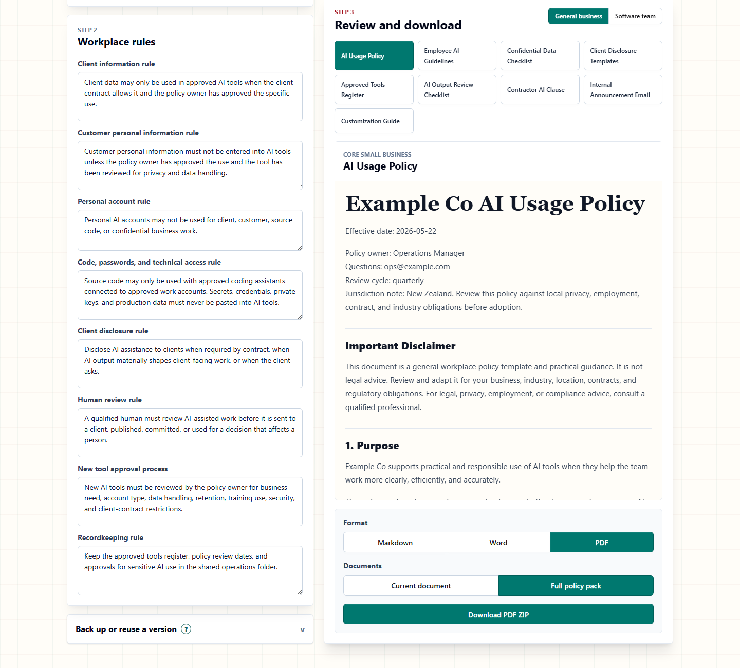 AI Policy Starter Kit builder lower section with workplace rules and PDF export controls
