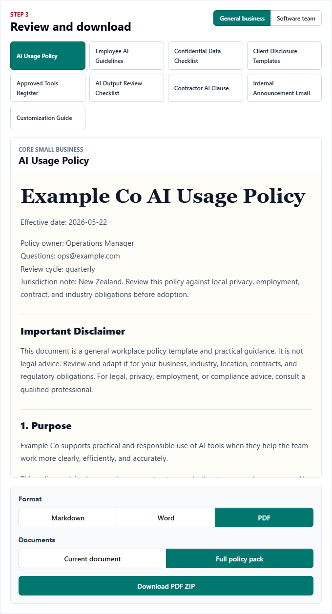 AI Policy Starter Kit review panel with document picker, generated preview, and format controls